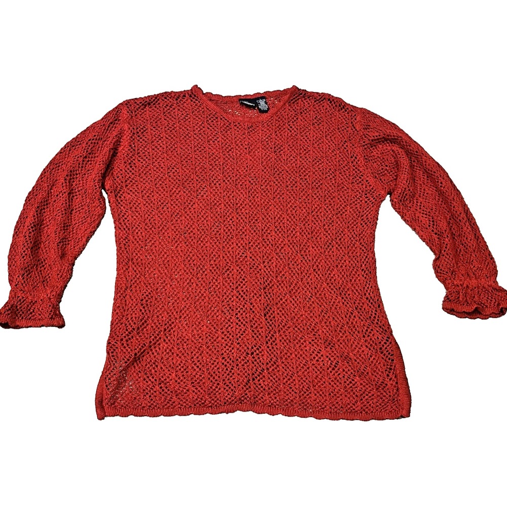Liz Sport Red Sweater Size Large Loose Knit 3/4 Sleeve Linen Blend Women Vtg G19